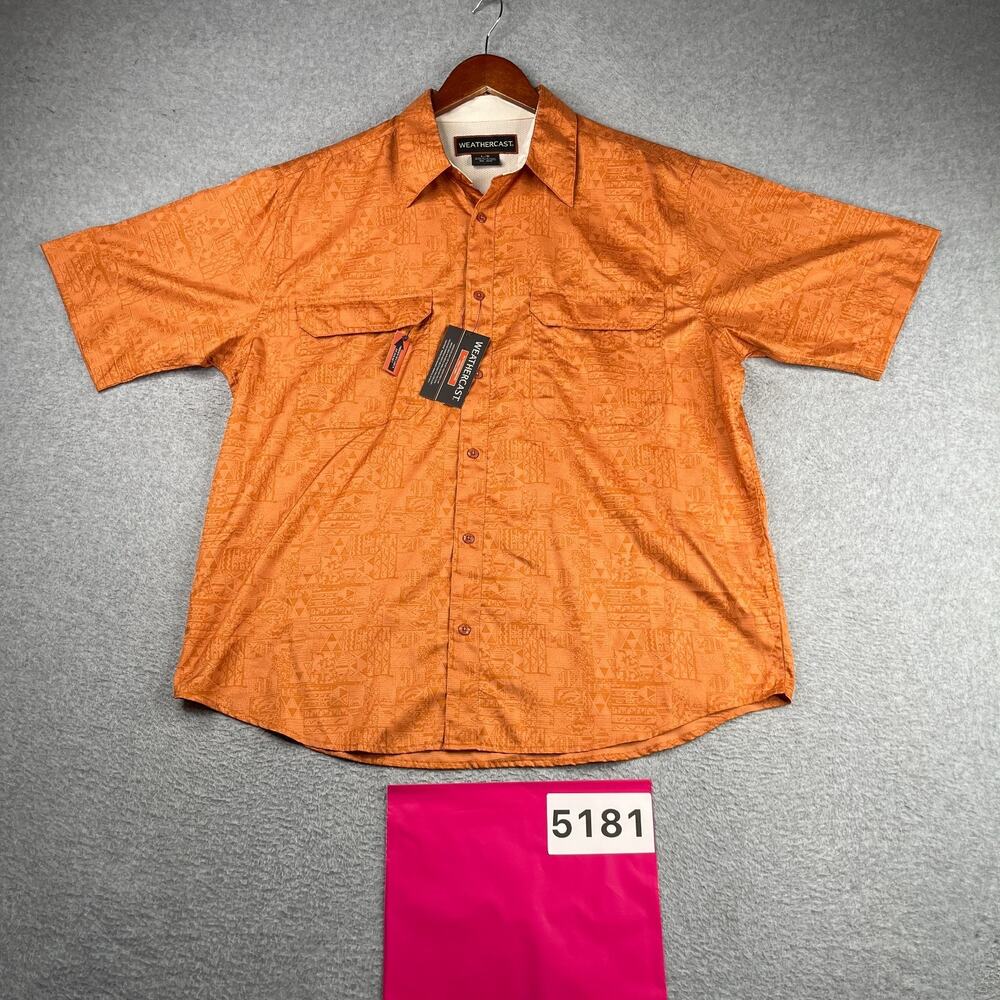 WeatherCast Shirt Large Orange Tribal Lightweight Button Up Short Sleeve Mens L